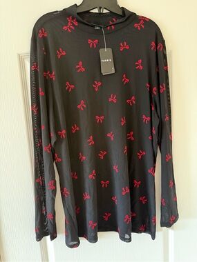 Torrid Black Mesh Long Sleeve Top with Red Bow Motif